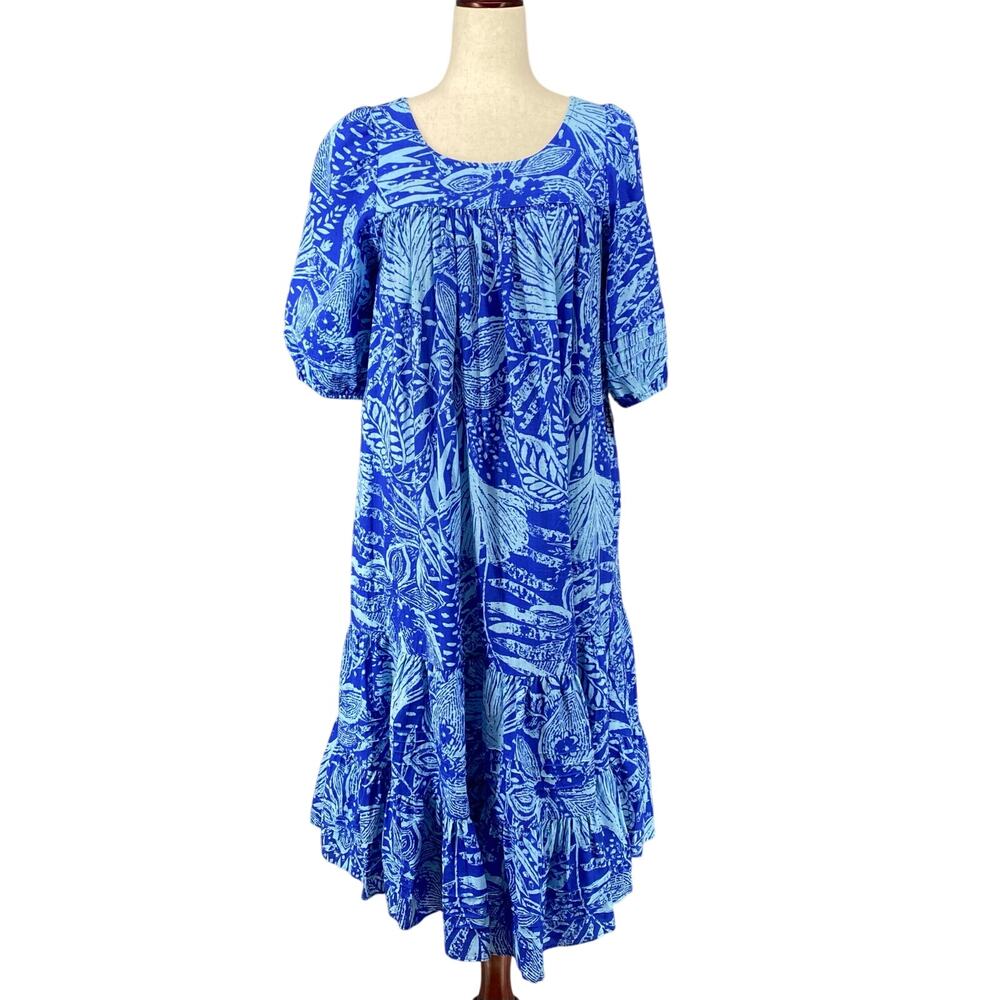 Vtg‎ 80s 90s Two Potato Laguna Beach Midi Tiered Muumuu Dress XS Cotton Blue NOS